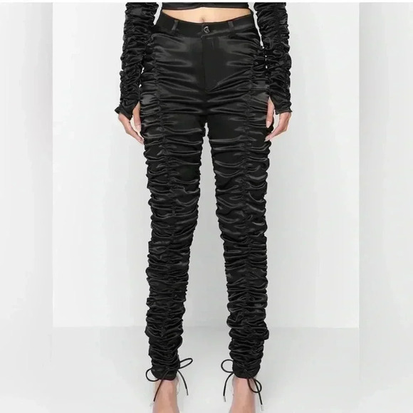 Mainère De Voir Black Ruched Satin Trousers with Ties - Picture 6 of 14